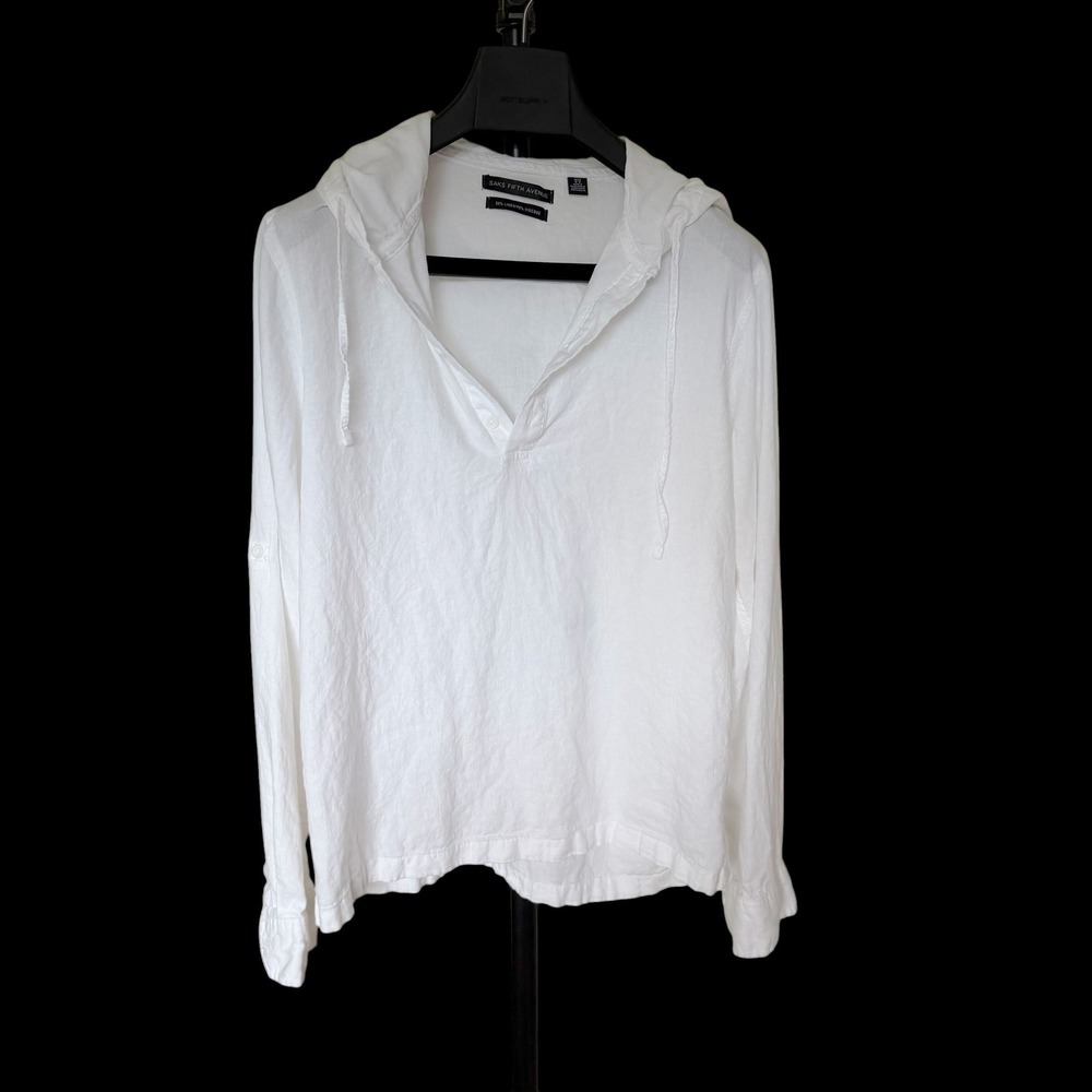 Saks Fifth Avenue White Linen Blend Hoodie Henley Top Roll Tab Sleeve M